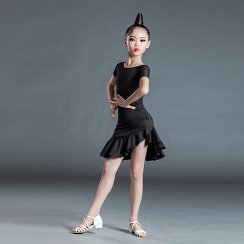 Latin Dance Dress 110-170cm Kids Adult Salsa/Ballroom/Tango/Cha Baby Girl Black tops Vestidos Solid Women Prefessional Costume