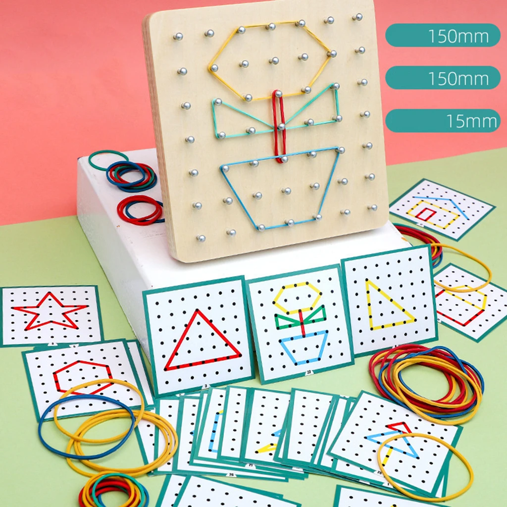 Wooden Montessori Geoboard Mathematical Manipulative Toy with Cards for