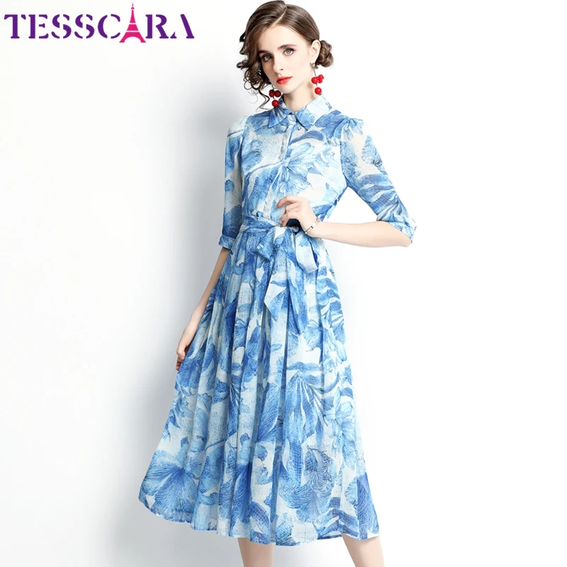 TESSCARA-Women-Autumn-Elegant-Blue-Dress-Shirt-High-Quality-Long ...