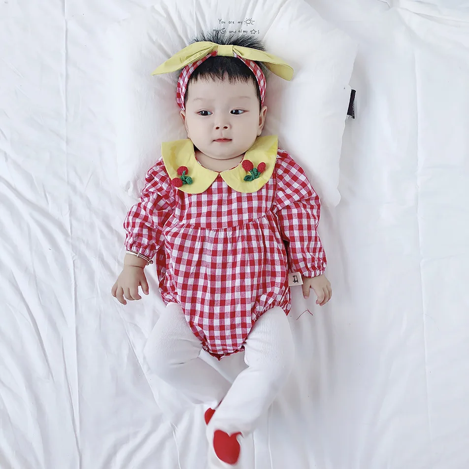Autumn Infants Little Children Climbing Clothes Newborn Baby Plaid Doll Collar Cherry Cotton Jumpsuit with Bow Knot Headband Top