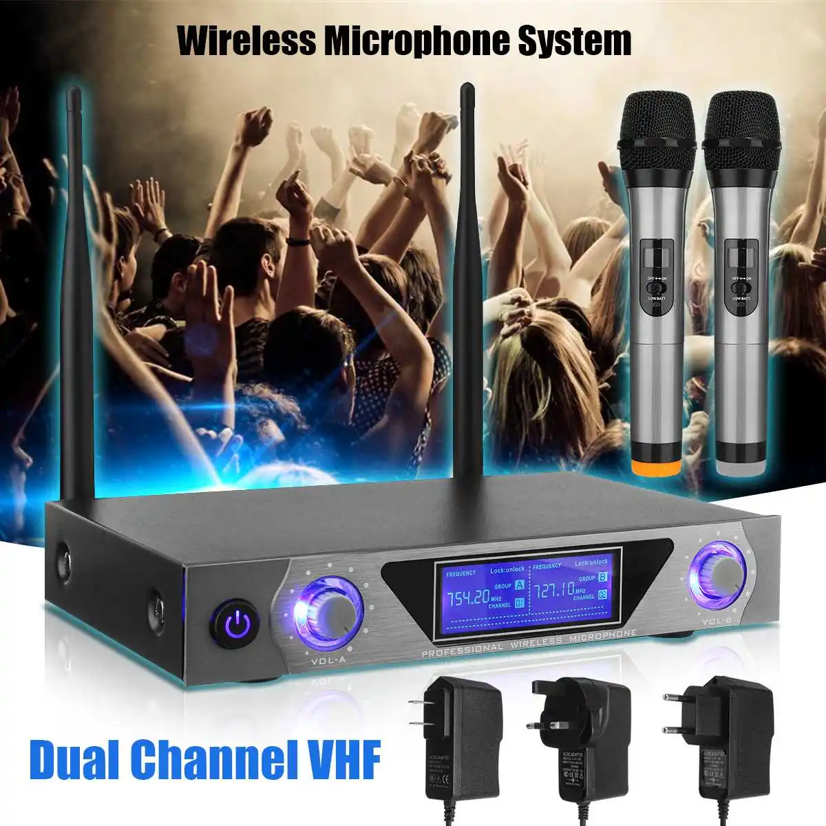 

2 Channels Wireless VHF Professional Microphone +LED Receiver System Dual Handheld Mic for Karaoke KTV Party Speech Studio