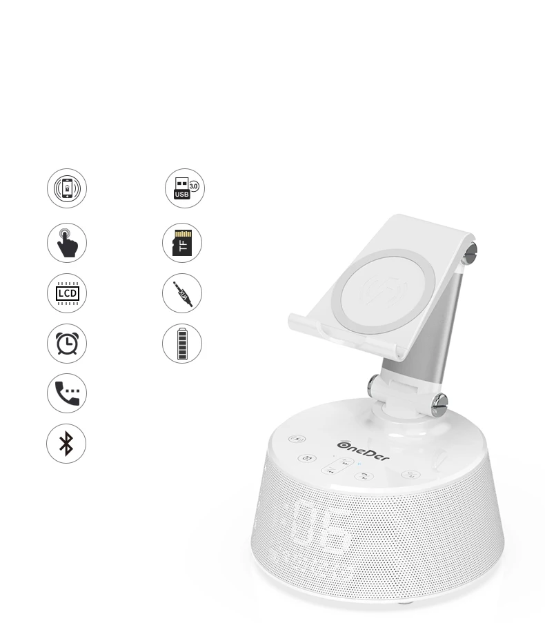 OneDer V02 5w Qi Беспроводное зарядное устройство для телефона держатель с Часы Bluetooth динамик сенсорное управление Поддержка TF карты/USB привод/AUX/FM