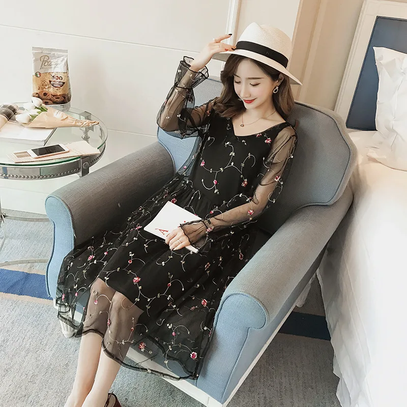

2018 New Style WOMEN'S Dress Fashion Dress Korean-style Embroidered Pteris Flower Pregnant Women Loose-Fit