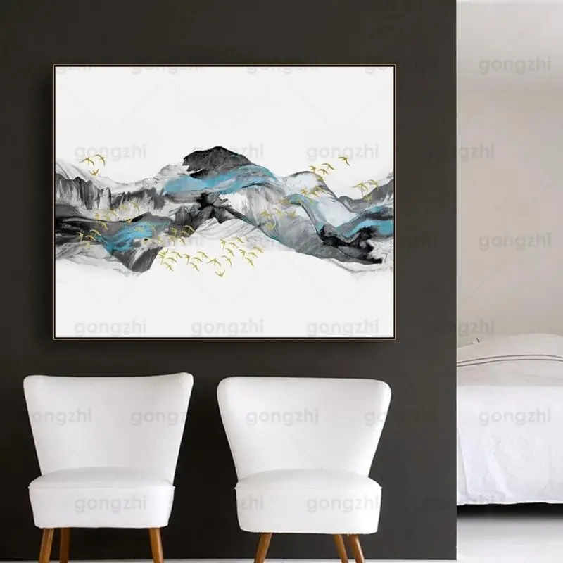Nordic Minimalist Abstract Ink Printing Wall Painting Landscape Golden Bird Chinese Home Decoration Canvas Frameless Poster