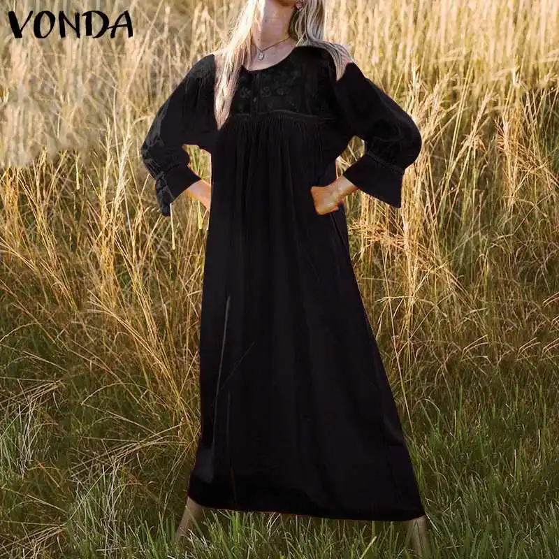VONDA сарафан с расклешенными рукавами для беременных однотонное плиссированное платье кружевное лоскутное платье с длинными рукавами осеннее Повседневное платье для беременных