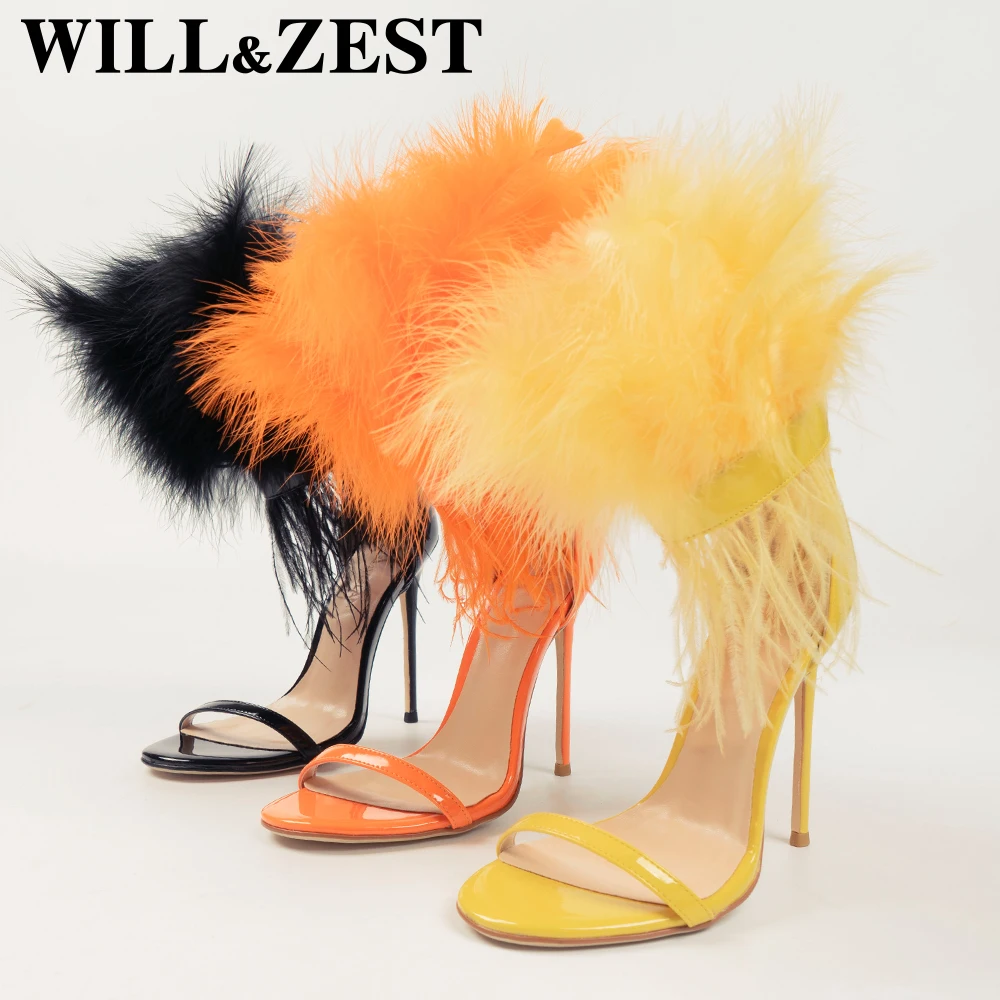 

WILL&ZEST Stilleto High Sexy Feather Heels Fashion White Bling Summer Sandals Open Toe Funny Women Shoes Stripper Heels Fetish