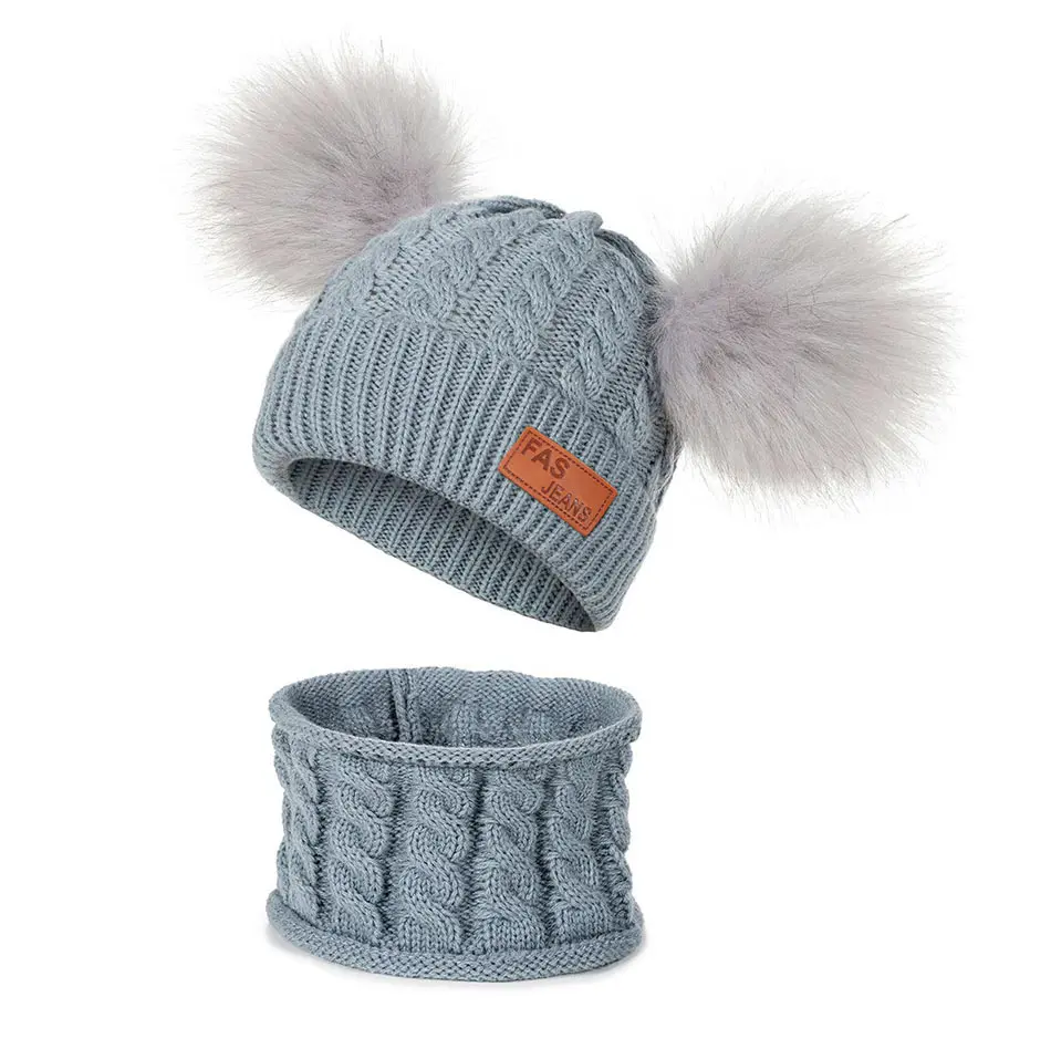 Детская зимняя шапка, шарф комплект хлопок помпоном вязаная теплая шапка для мальчиков и девочек, однотонные Цвет милые детские пушистые шарики шапка унисекс