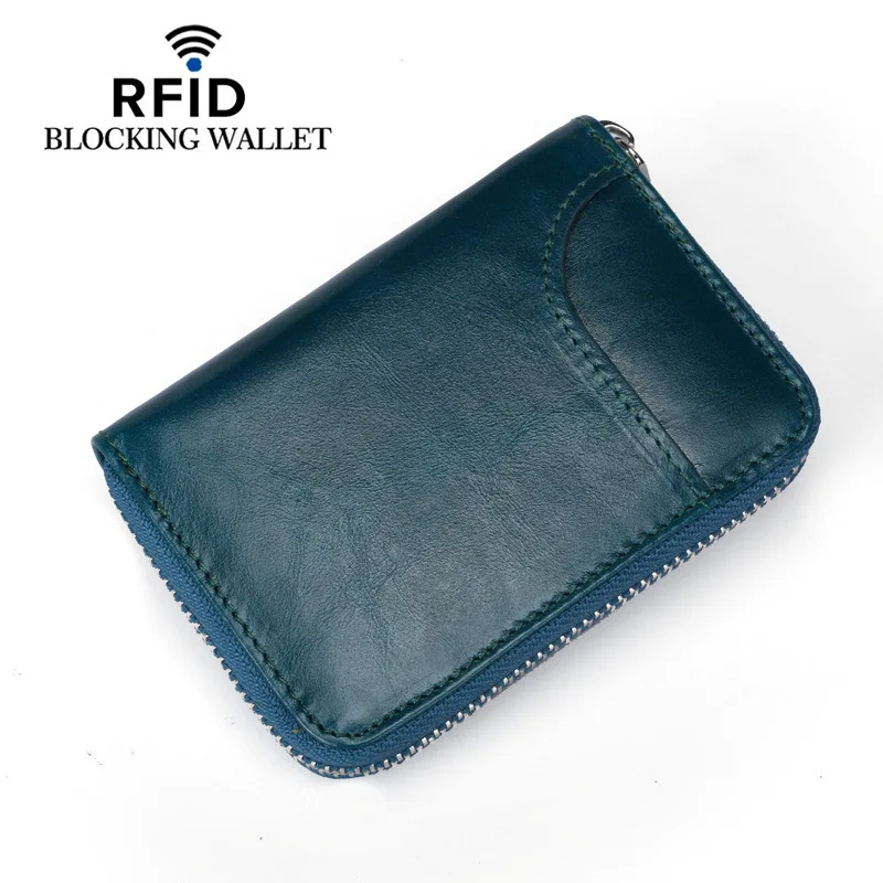 Real pickup bag short First layer leather anti-theft brush multi credit card zipper bag