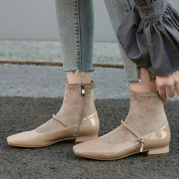 

EshtonShero Women Ankle Boots Shoes Woman Square Heels Cow Patent Leather Fashion Ladies Motorcycle Riding Sock Boots Size 3-12