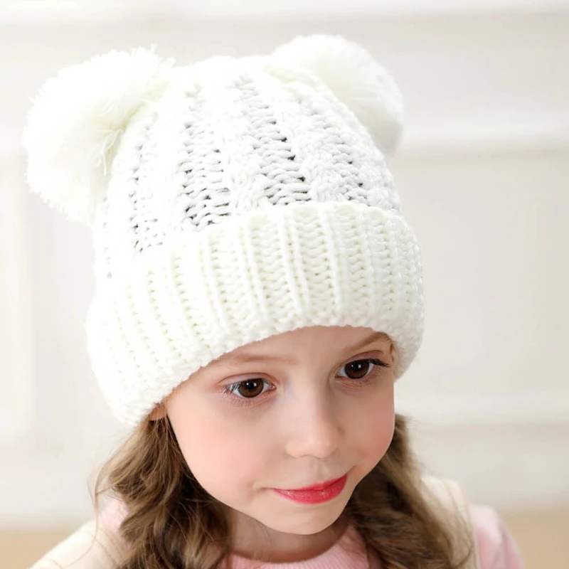 Детская вязаная шапочка, шапки, зимняя теплая шапка для мальчиков и девочек, рождественские плюшевые шапки с 2 помпонами