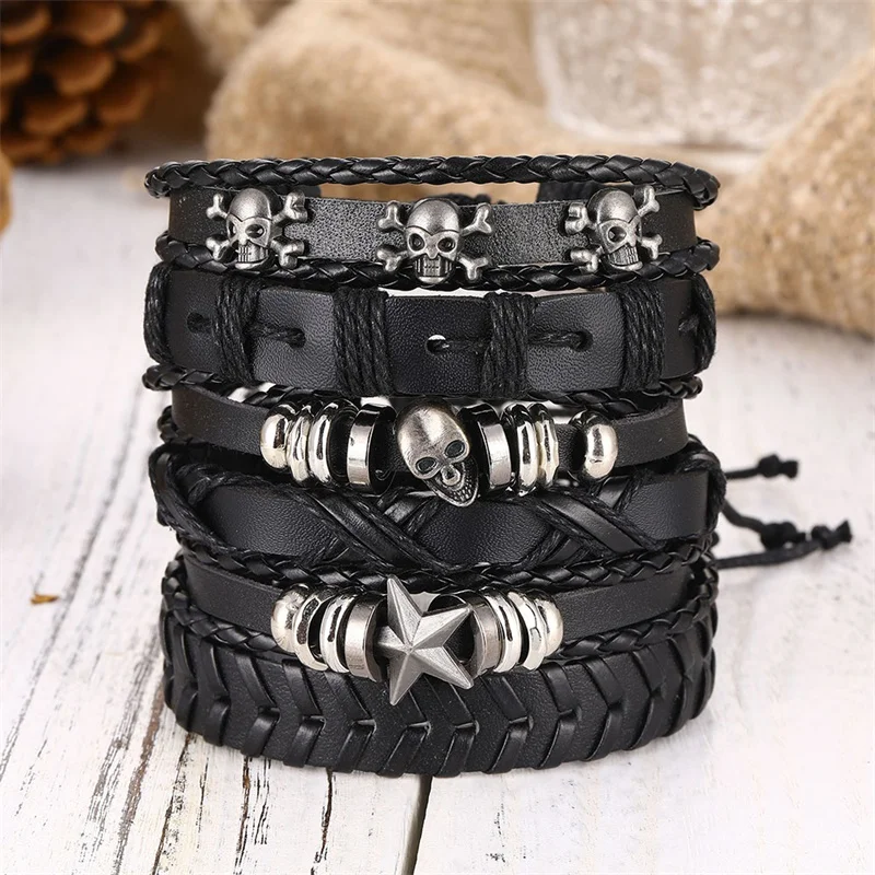 Rock Skull Star Feather Multiple Layers Leather Bracelets For Men Charms Bracelets - Image 3