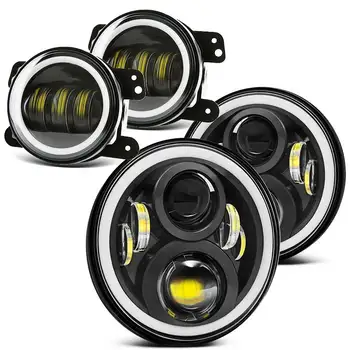 

7 Inch LED Halo Headlights with Turn Signal Amber DRL White+ 4 '' Halo Fog Lights for Jeep Wrangler 1997-2017 JK JKU TJ LJ