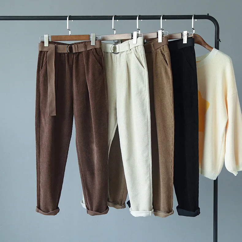 Mooirue вельветовые длинные штаны с поясом зимние винтажные уличные брюки в Корейском стиле с высокой талией с карманами эластичные шаровары