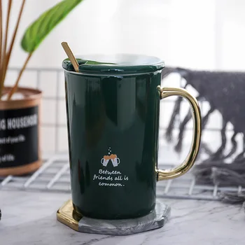 

Nordic Creative Simplicity Gold Rim Large Capacity Breakfast Milk Ceramic Cup Lovers Office Coffee Mugs with Spoon Lid Drinkware