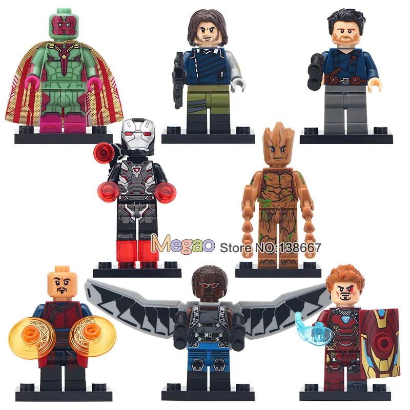 

8pcs/lot Avengers Super Heroes Action Building Blocks Wong Mar Machine Iron Man Falcon Bucky Vision Soldier Children Toys