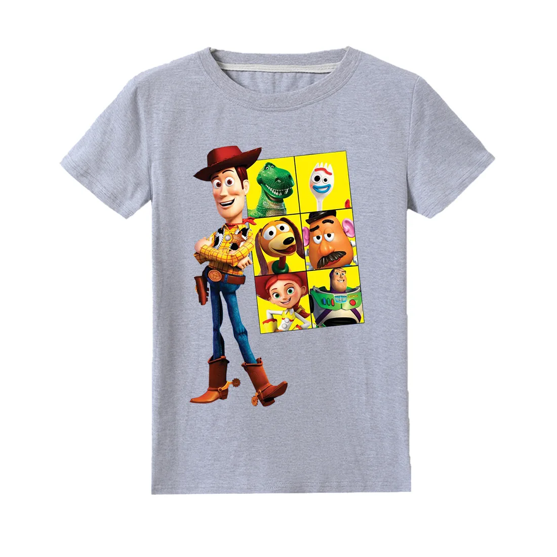 T1078-gray Новая детская футболка из хлопка с героями мультфильмов «История игрушек» Детская Хлопковая футболка «Тикток», «Базз Лайтер», «Вуди», летняя одежда - Цвет: T1078-gray