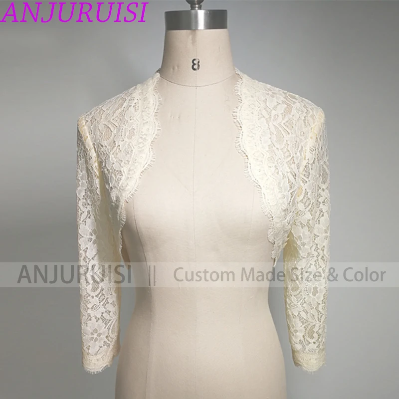 ANJURUISI Elegant Simple Shares of Women's 3/4 Long Sleeve White Lace Shoulders Cropped Bolero Wedding Jacket 2019 Bridal Wraps