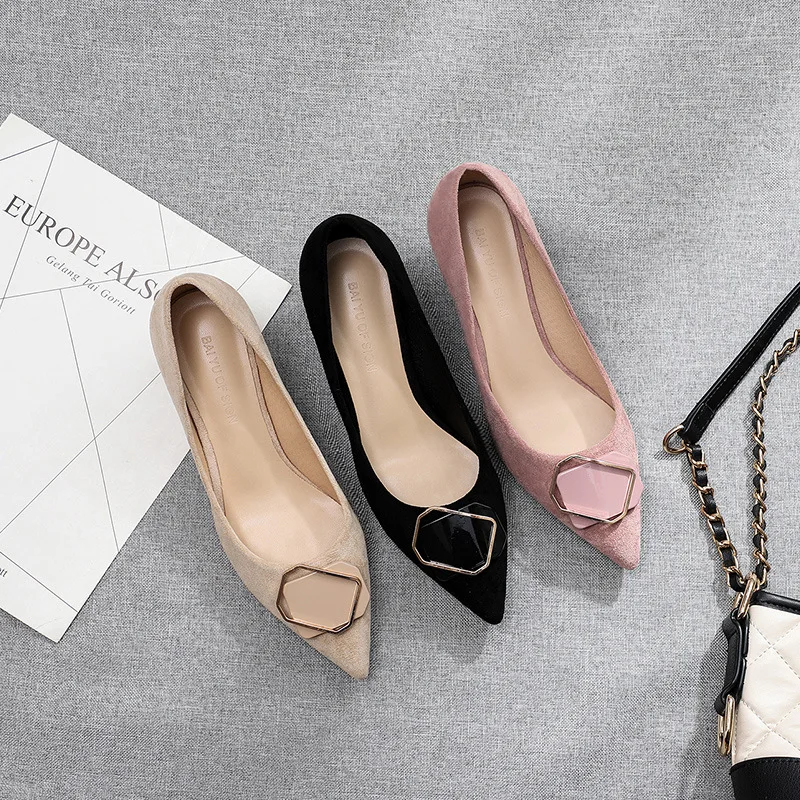 

Autumn 2019 Shoes Woman 3.5cm Thin High Heels Pumps Solid Flock Pointed Toe Slip-Ons Office Carrer Women's Shoes Wedding Pumps