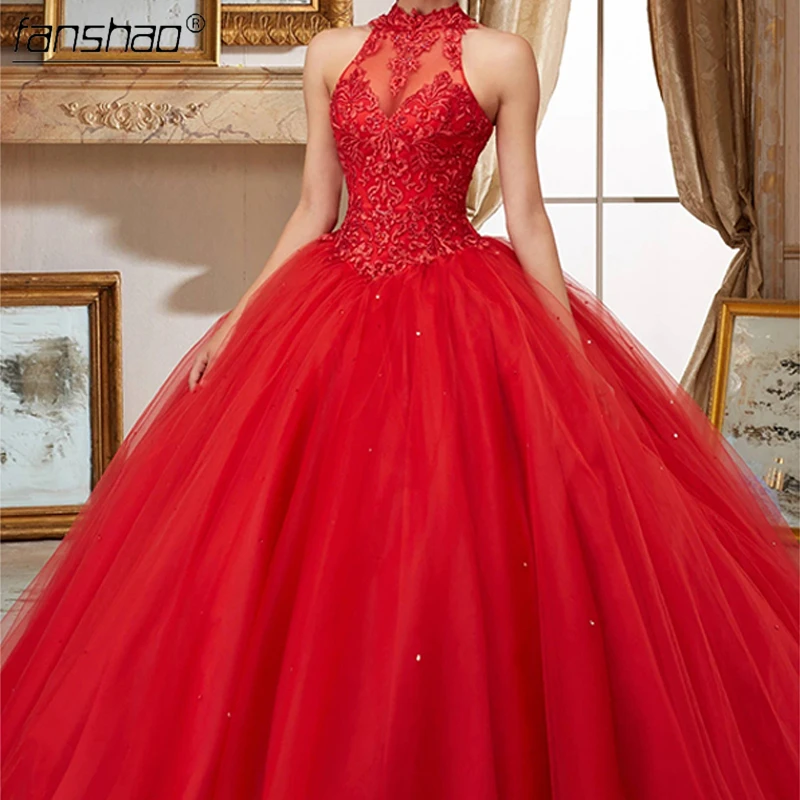 Fanshao Blue Quinceanera Dresses High Neck Crystal Appliques Lace Pearls Cut-Out For 15 Girls Party Gowns Hot Sell Design