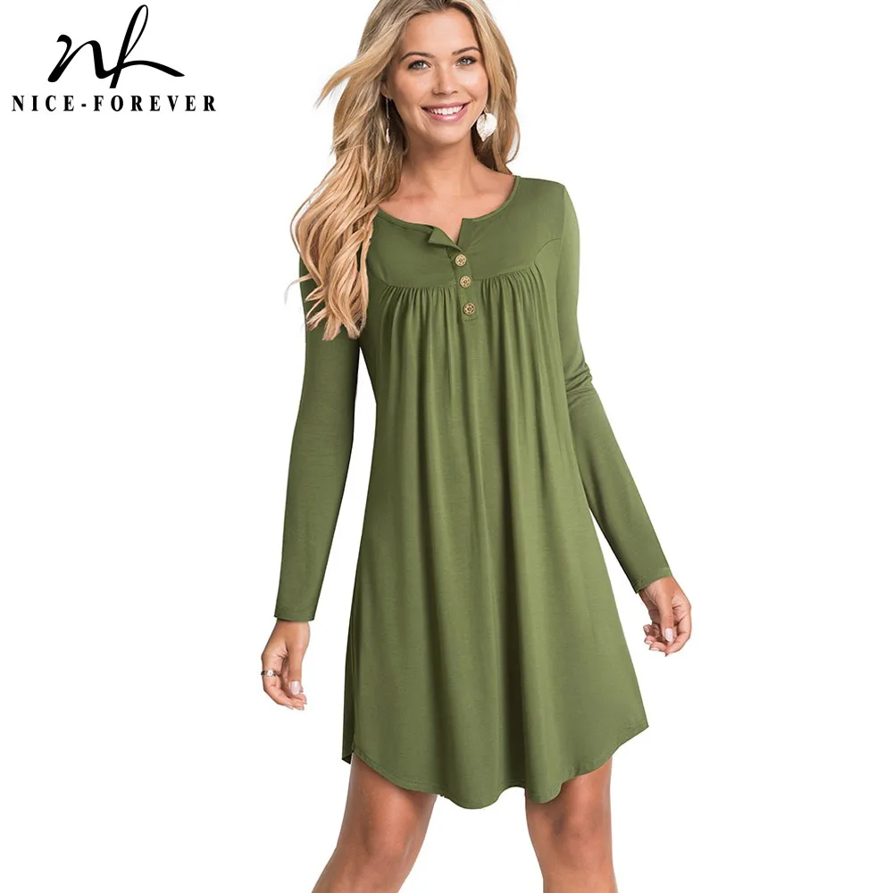 

Nice-forever New Winter Casual Solid Color with Button Long Sleeve vestidos Female Loose Women Shift Dress A172