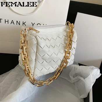 

Luxury Weave PU Leather Hand Bags For Women Brand Designer Thick Chains Boston Totes Lady High Sense Fashion Shoulder Handbags