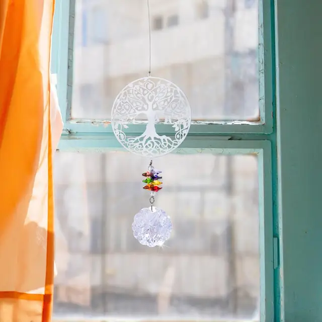 H&D Chakra Crystal Sun Fogó Kézműves Élete A Fa Kristály Prizmák Szivárványkészítő Lógó Napsütő Dísz Kerthez/Ablak - Image 5