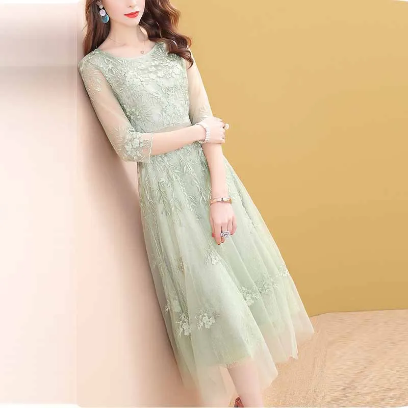 

Spring Clothing 2019 New Style Green Mesh Embroidered Slim Fit Lace Dress Women's Spring And Autumn Long Popular Skirt Hot Selli
