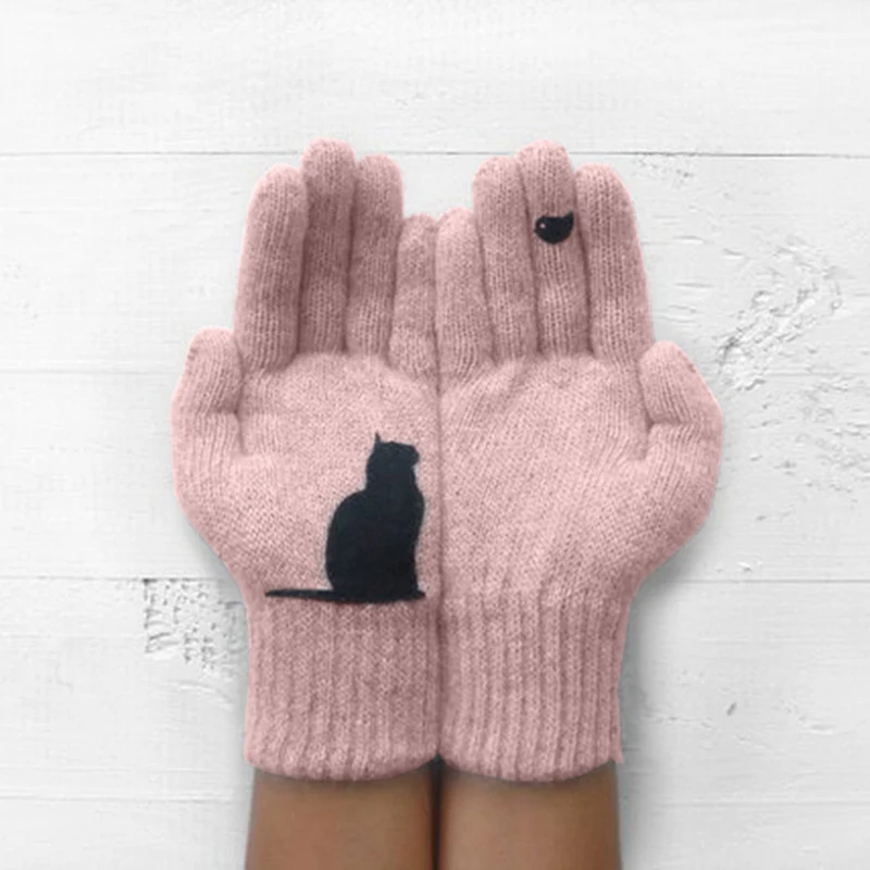 Зимние теплые кашемировые перчатки, толстые шерстяные вязаные перчатки с рисунком кота, мужские и женские рождественские перчатки