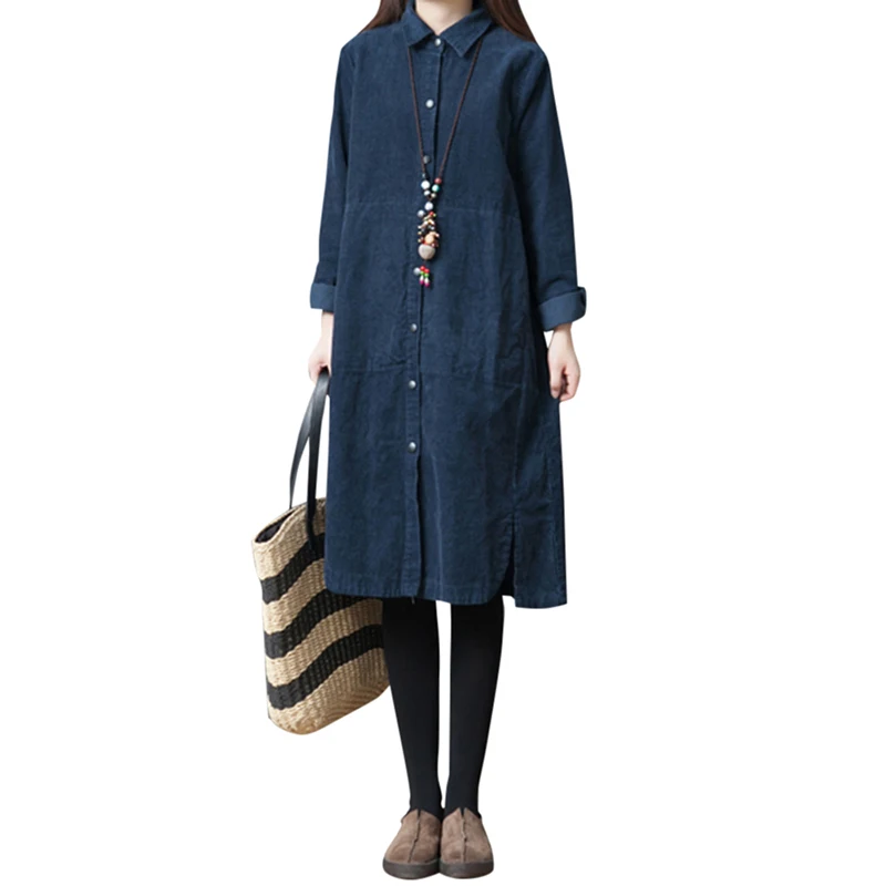 

Vintage Women Cotton Shirt Dress Pure Turn-down Collar Button Long Sleeve Split Loose Midi Dress Women Plus Size Autumn Dress