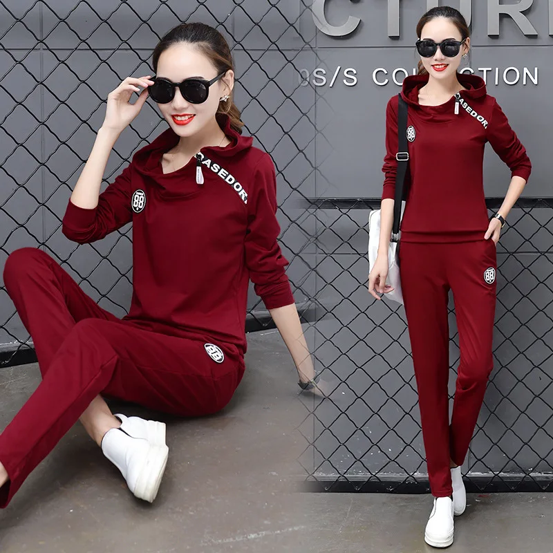 

6297 [Photo Shoot] (6535% Cotton) Autumn Korean-style Long Sleeve Hooded Students Running Sports Set Two-Piece Women's