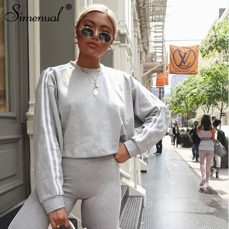 

Simenual Sporty Workout Casual Women Sweatshirts Autumn Fashion Long Sleeve Striped Hoodies Grey Basic Slim Active Wear Crop Top