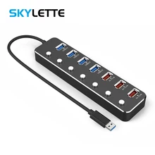 Суб-контроль открытия 7-Порты и разъёмы usb-разветвитель 4 Порты и разъёмы на USB3.0 HUB+ 3 знака после Порты и разъёмы 5V 2.4A Быстрая Зарядка адаптер внешнего Электропитание алюминий