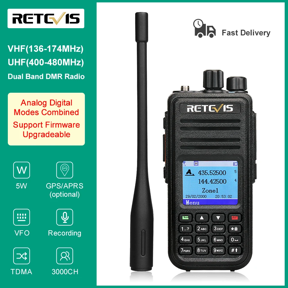 RETEVIS RT3S DMR Radio Digital Walkie Talkie GPS DMR Ham Radio Amador 5W DMR VHF UHF Dual Band Compatible with Mototrbo/TYT DMR