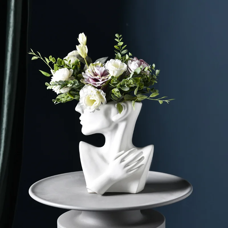

Pure White Half-length Face Ceramic Flower Pot Simple Portrait Decoration Face Flower Vase Living Room Balcony Decoration Crafts