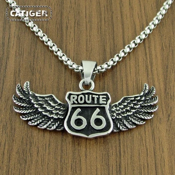 

Free Shipping Punk Silver color Black 316L Stainless Steel Biker Wings 66 Route Mother Way Motorcycle Rider Pendant Necklace