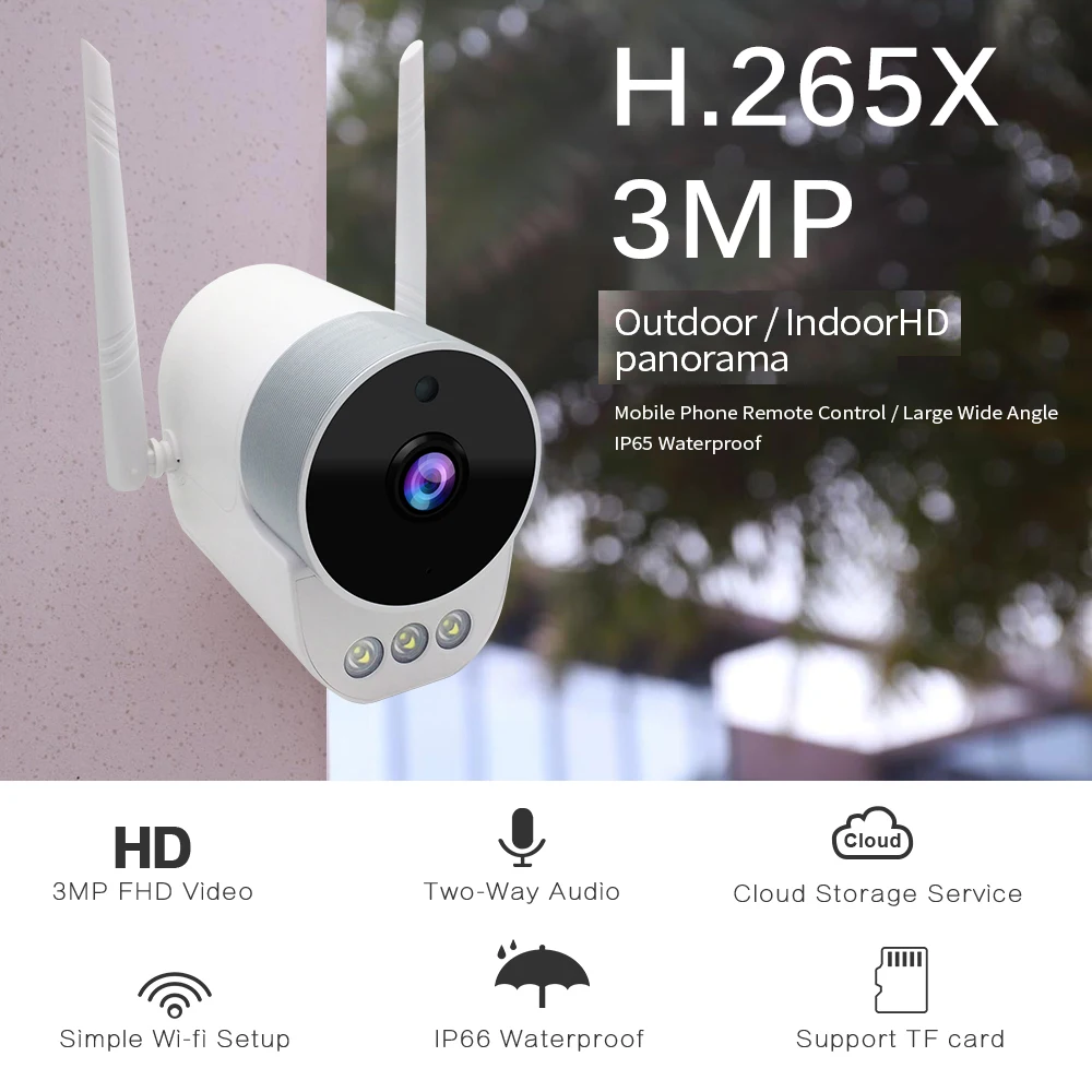 

H265 3MP WIFI IP Camera UHD Wireless Outdoor IP66 Waterproof IR Night Version Audio Video Home CCTV Security Surveillance Cloud