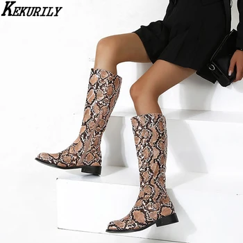 

2020 New Knee High Boots for Women Snake Prints Chunky Heels Motorcycle Boot Punk Zip Round Toe Shoes Winter Zapatos De Mujer