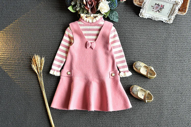 Yorkzaler Autumn Winter Knitted Children Clothing Set For Girl Striped Sweater With Dress Girl 2pcs Outfits Christmas Suit 3Y-7Y