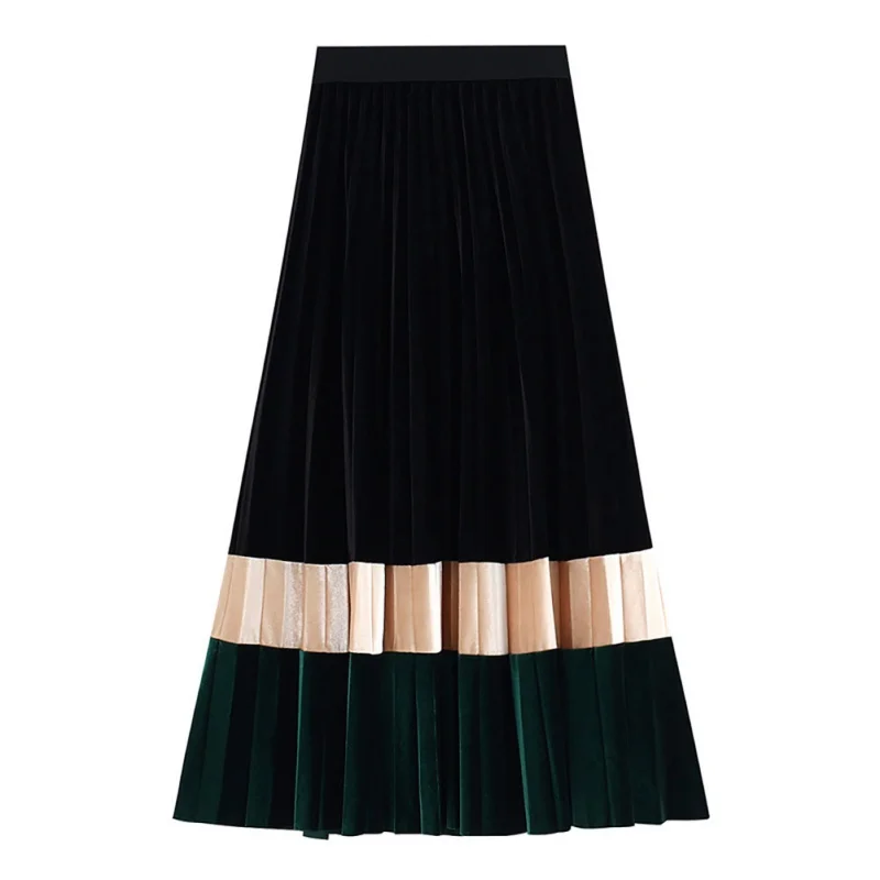 Осенняя и зимняя плиссированная юбка, высокая талия, эластичная строчка, цвет золотой, бархатная длинная юбка, юбка для женщин, элегантное женское платье - Цвет: Green
