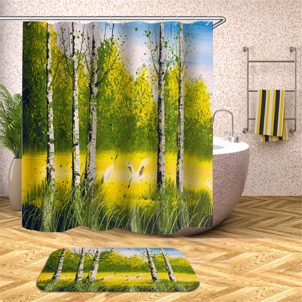 Waterproof Polyester fabric 3D Bath curtain forest for Bathroom curtain