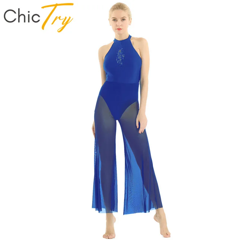 

ChicTry Adults Halter Sequins Lace Flare Culottes Women Ballet Gymnastics Leotard Dress Stage Performance Lyrical Dance Costumes
