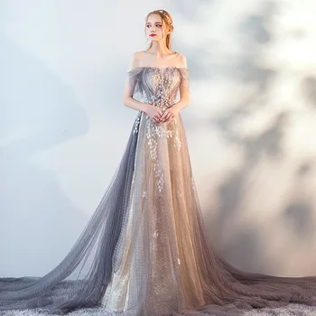 

2019 Appliques Tulle Long Evening Dresses short sleeve prom gowns Lace Formal Party Pageant dress Elegant Luxury robe longue