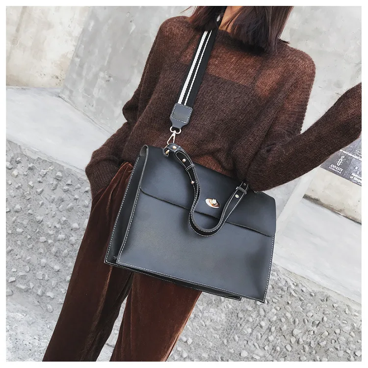 2019 Woman Briefcase Bag Leather Handbags Ladies Vintage PU Shoulder Bag Crossbody Satchels Office Document Bag Wide strap Purse (14)
