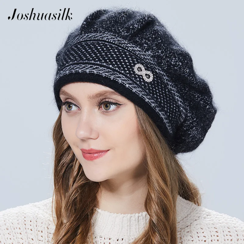 

Joshuasilk Women Beret Winter hat Knitted Angora Wool Berets Double warm hat 5 color options