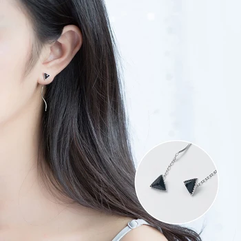 

Mocanie Tassel Black Crystal Triangle Dangle Earring for Women 925 Sterling Silver Geometric Wave Line Fine Jewelry Studet Gift