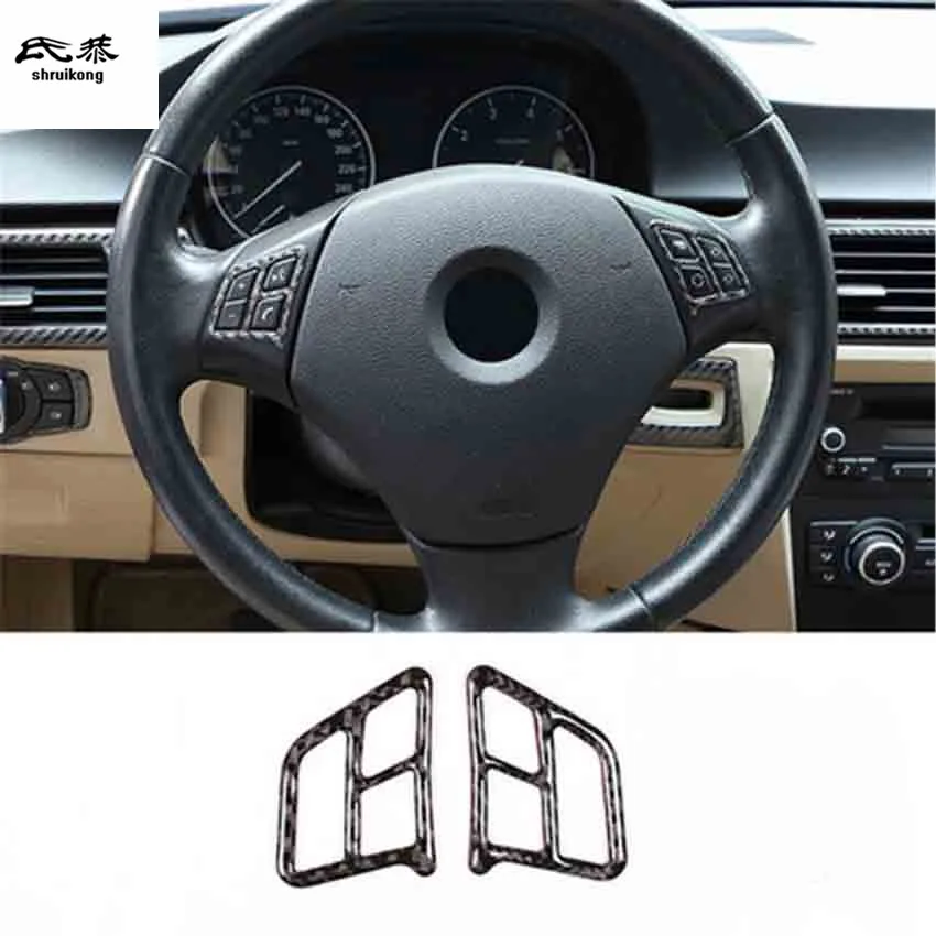 

2pcs/lot Epoxy glue real carbon fiber steering wheel button decoration cover for 2005-2012 BMW E90 E92 car accessories