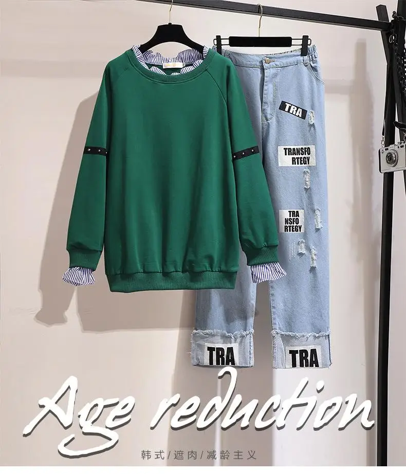 2XL-6XL большие размеры, женские комплекты из 2 предметов, Осень-зима, свободные джинсы+ топы, повседневные комплекты, плюс размер, свитшот с буквенным принтом, джинсовые комплекты