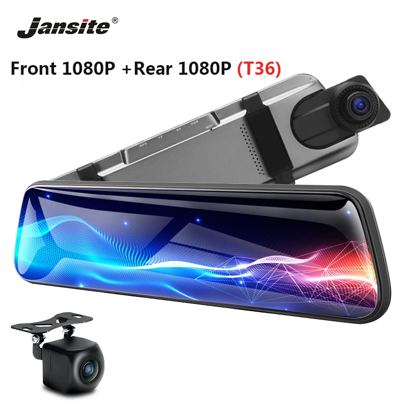 Jansite 1" Автомобильный видеорегистратор с сенсорным экраном поток медиа 1080P фронтальная камера с двойным объективом видеорегистратор зеркало заднего вида 24H монитор парковки