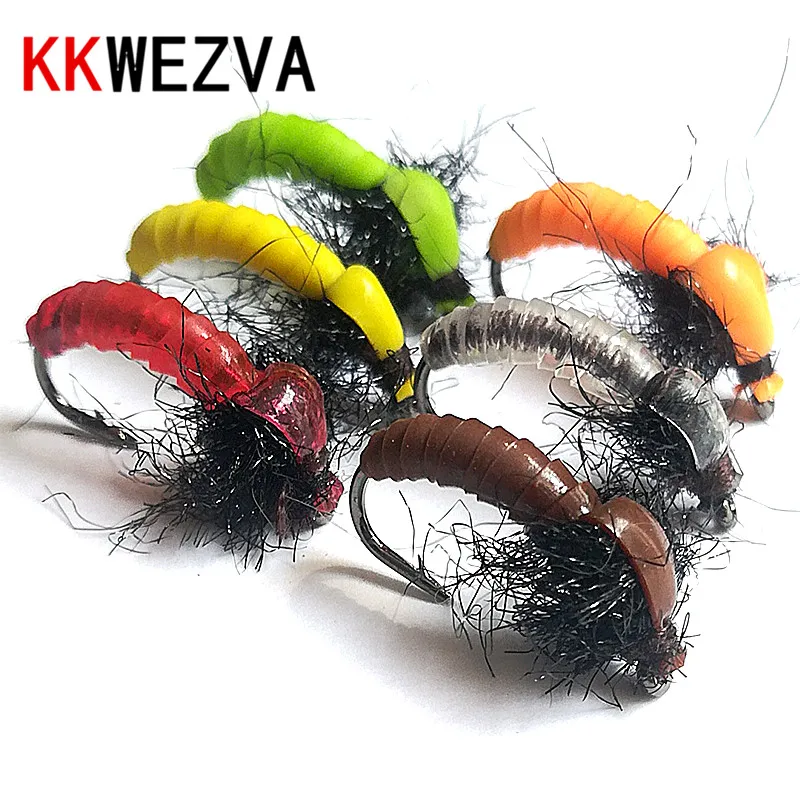 

KKWEZVA 18PCS Color Silicone Material Sinking Nymph Scud Fly Bug Worm Trout Fishing Flies Artificial Insect Fishing Bait Lure