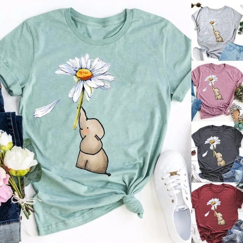 

Cartoon Elephant Daisy Print T Shirt Women Short Sleeve O Neck Loose Tshirt Summer Women Tee Shirt Tops Camisetas Mujer